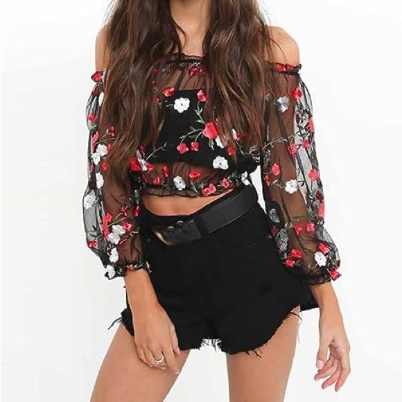 floral embroidered mesh top - Picture 2 of 8